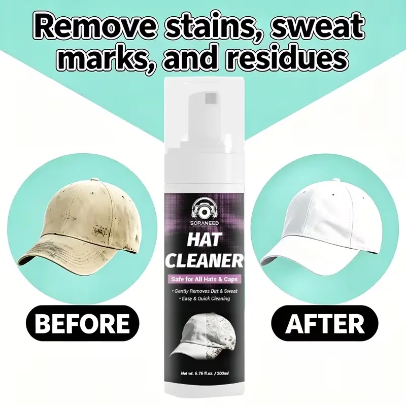 Hat Cleaning Foam Spray, suitable for all hats and baseball caps. Gently removes dust and sweat stains. Water-free quick cleaning solution ideal for baseball caps, sneakers and fabric footwear. Portable Spray Cleaner