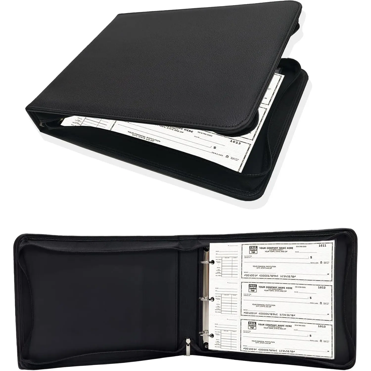 3 Rings Zippered Check Binder for End-Stub Deskbook Checks, Business Checks Holder, Executive Checkbook 3 Per Page Cover, Fit 9" x11 1/4" 3 Holes & 9 Holes Checks with Removable Pouch