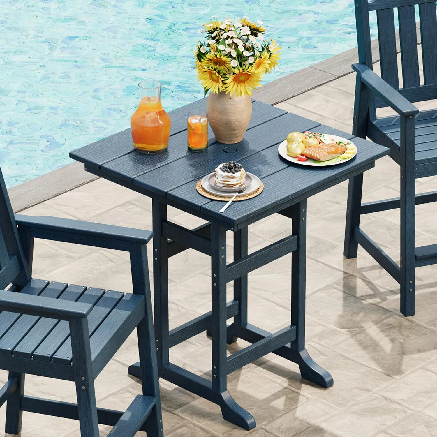 Square Outdoor Bar Table, Modern HDPE Pub Table with Wood Grain Finish, Umbrella Hole & 300 Lb Weight Capacity for Patio, Poolside & Backyard