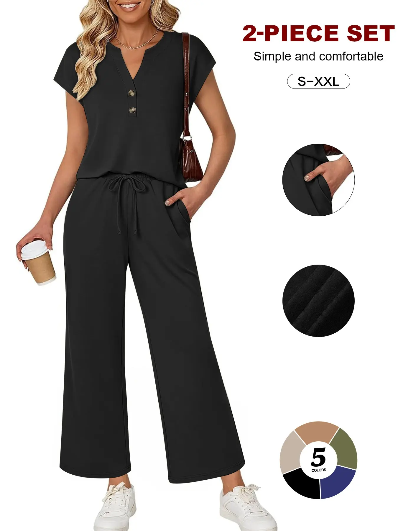 Women's 2 Piece Basic Lounge Set Outfit, Short Sleeve Henley V-Neck Button Top, Drawstring Wide Leg Pants with Pockets, Casual Loose-Fitting Clothing