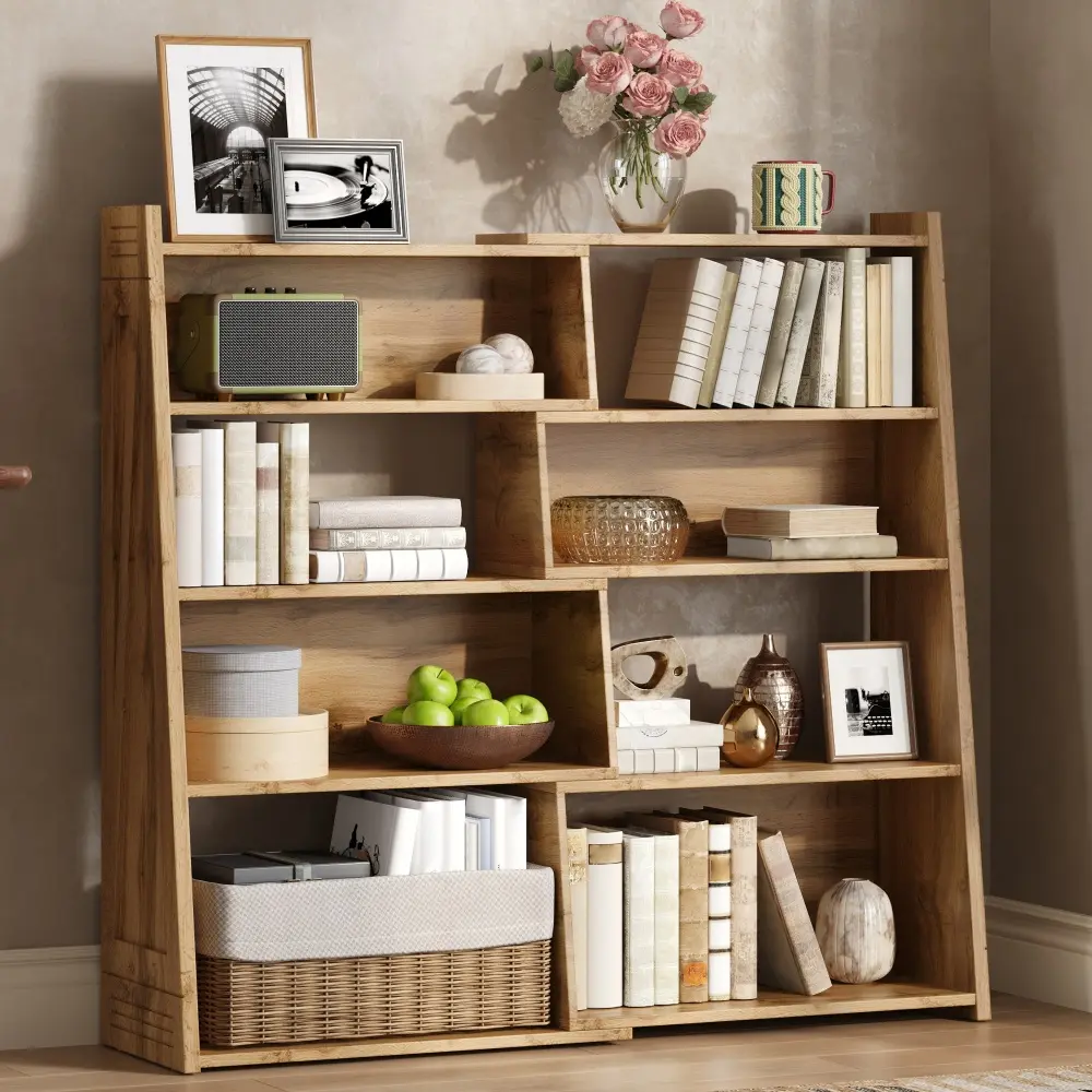 Expandable Wooden Bookshelf, 4-Tier L-Shaped Corner Bookcase with Adjustable 2-Piece Design, Extendable Storage Rack up to 47 Inches, Space Saving Wall Mounted Display Shelf for Small Spaces, Bedroom, Living Room, Home Office, Books & Decor Organization