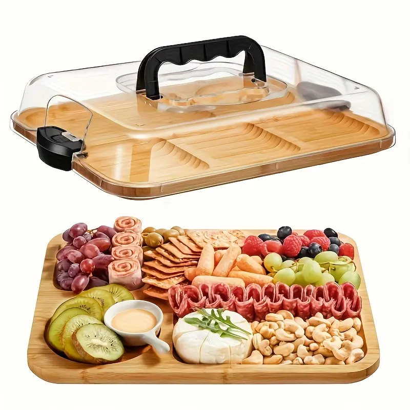 1pc Portable Size Camping Cheese Board with Transparent Acrylic Snap-On Lid - Outdoor Picnic Appetizer Platter, Backside Cutting Board, Party Organizer, Deli Service Tray for Camping, Parties