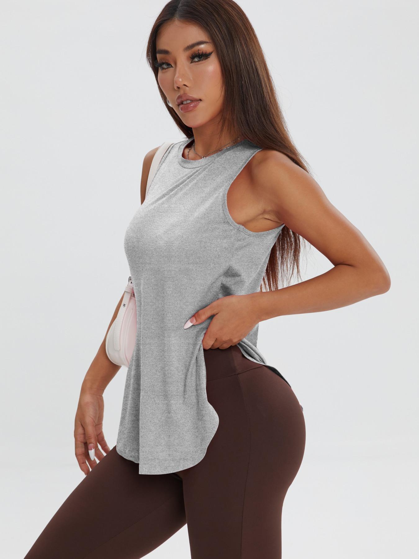 Women's Solid Color Asymmetrical Hem Sports Tank Top, Casual Curved Hem Sleeveless Round Neck Sports Top for Yoga Gym Workout Running, Ladies Sportswear for All Seasons