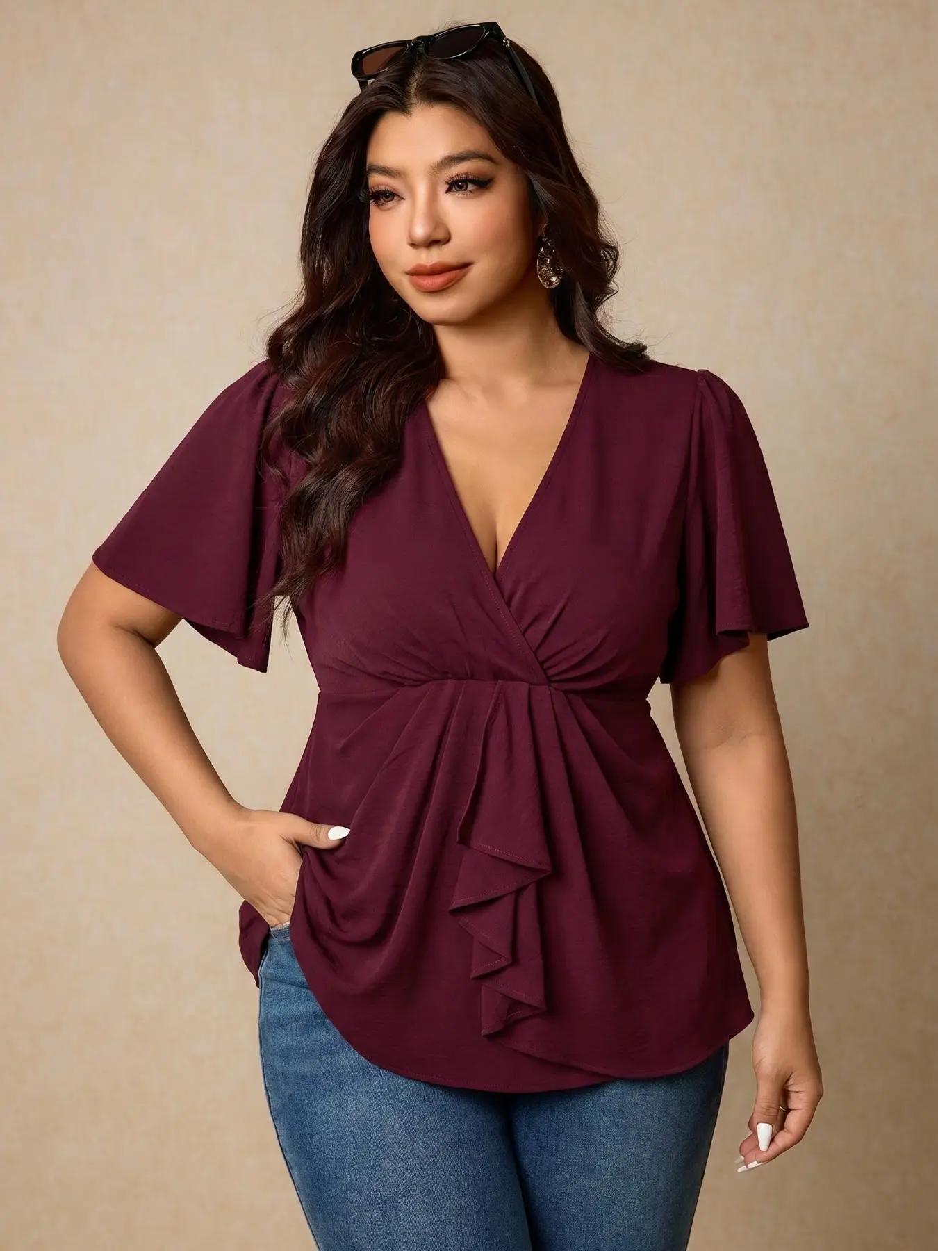 Plus Size Women's V Neck Top Waist Cinch Romantic Ruffle Sleeve Short Sleeve Chestnut Color Shirt Blouse, Elegant French Vintage Style
