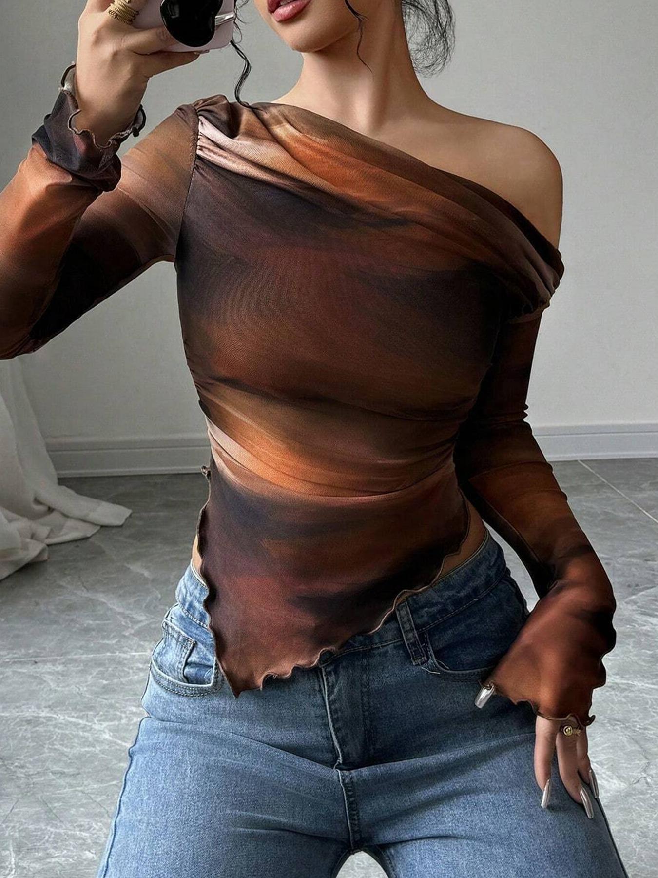 Women's Long Sleeve T-Shirt, Fashionable Casual Comfortable Slim Fit, Printed Drop Shoulder Design, Perfect for Daily Wear