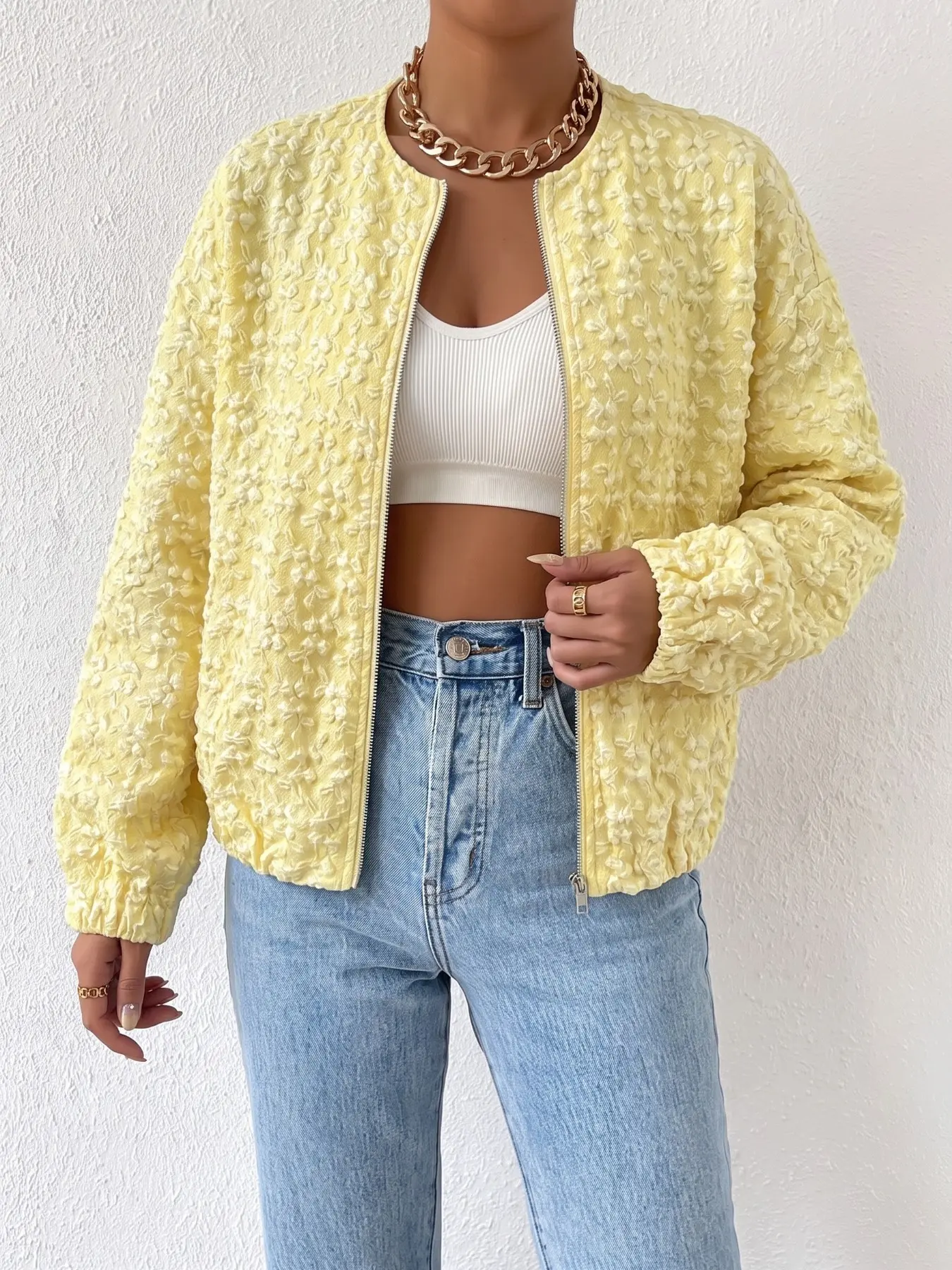 Light pastel dopamine yellow floral embossed bubble textured outerwear, loose drop shoulder elastic cuffs cropped silhouette, y2k clean girl streetwear casual dating shopping layered zip up bomber jacket women spring summer trendy everyday outer coat