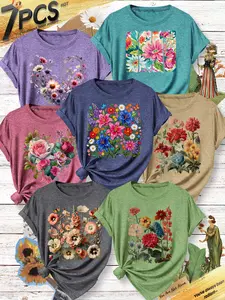 7Pcs Women Tee,Heart Wildflower,Block Big Bloom,Rose Bouquet,Mixed Wildflower,Daisy Cluster,Vintage Floral Prints,Multi-color, Washable,Soft Spring&Summer Daily Top
