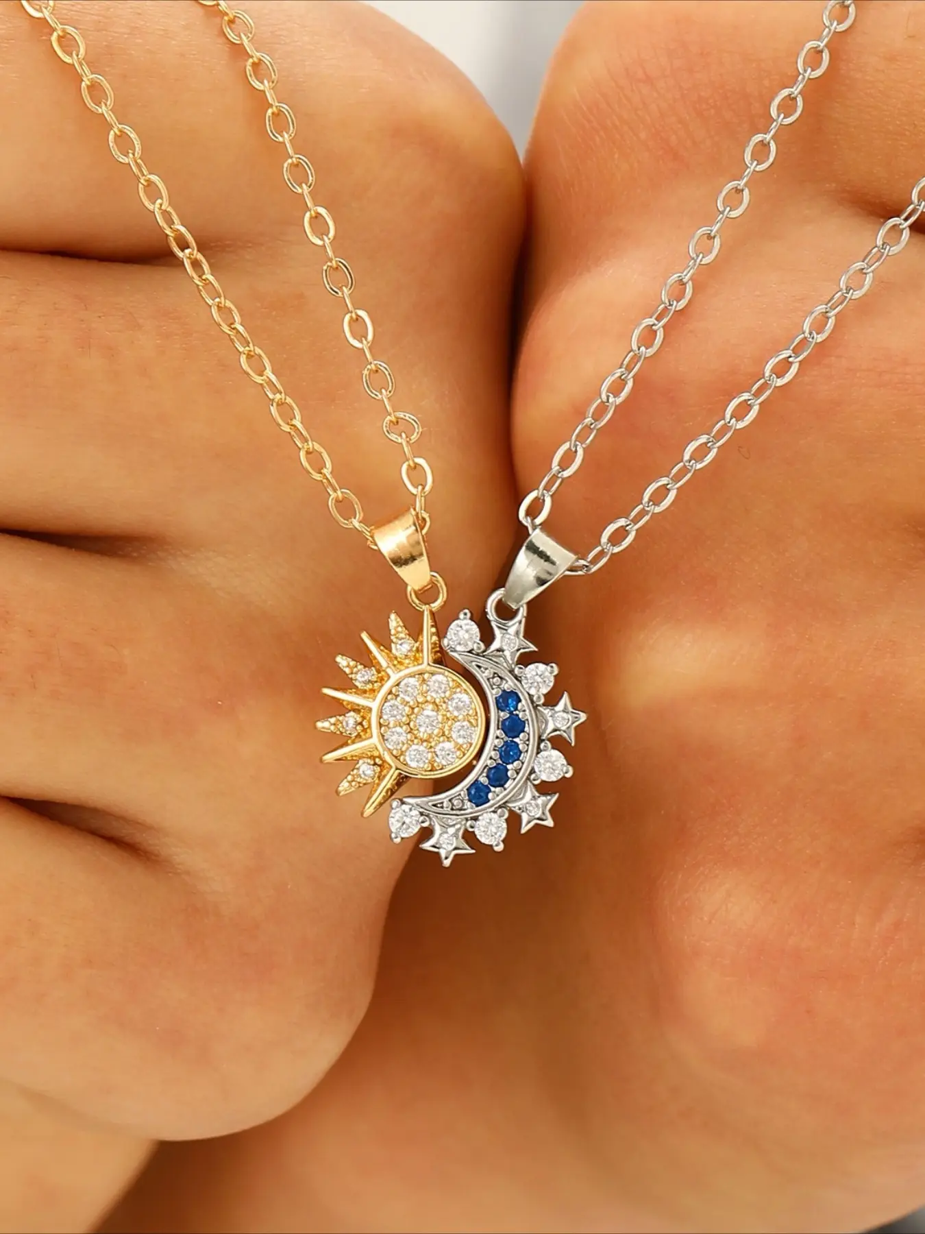 2-Piece Gold & Silver Sun Moon Yin Yang Zircon Pendant Necklace Set, Valentine’s Day & Birthday Gift for Wom