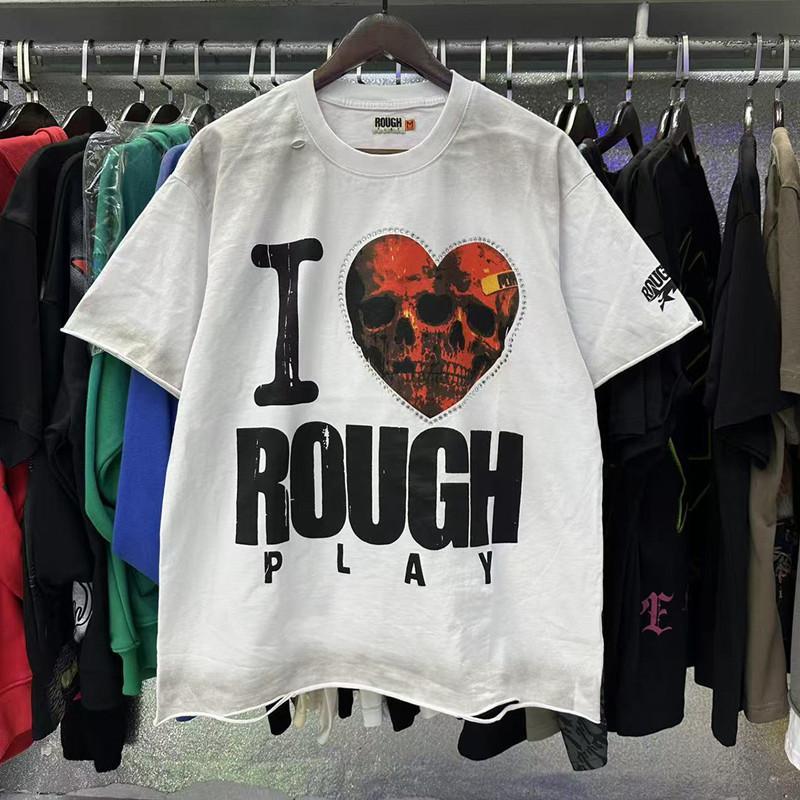 Vintage Washed Roughplay T-Shirt, Heavyweight White Ink Jesus Skull Print, Retro Rockabilly Bling Diamond Patchwork, American Hip Hop Unisex Streetwear Short Sleeve Cotton Tee