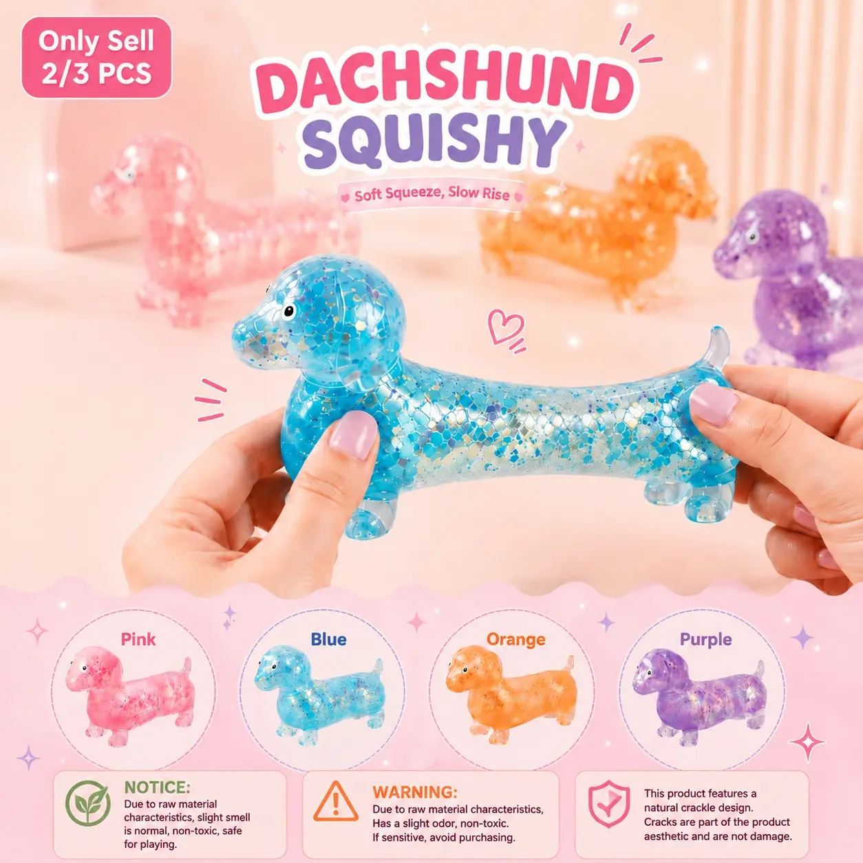 2/3pcs Dachshund Squishy, Squishy Fidgets, Glitter Weiner Dog Maltose Stress Relief Toy, Slow Rise Fidget for Anxiety Relief, Animal Decompression Toy, Soft Squeeze Desk Gadget for Home Office Travel