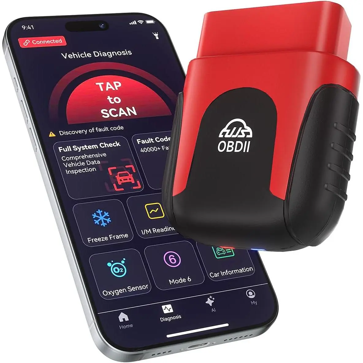Rocco OBD2 Scanner  for iOS Android, AI Diagnostic Tool for  Buying Repair, No Subscription Fee, AutoVIN, 45000+ Fault Codes, Check & Clear Engine Codes, Real-Time Data,  1996+