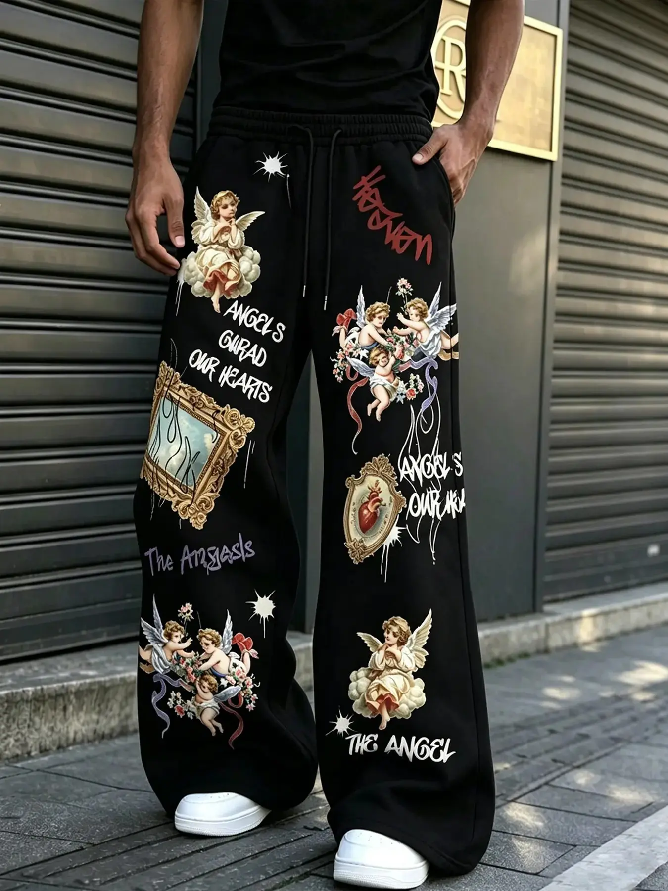 Men's Vintage Graffiti Letter Sweatpants, Loose-Fitting Wide Leg Long Pants, Street Style Print Clothing, All Seasons Wear
