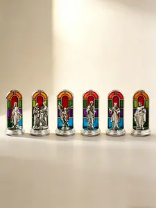 6-Piece Mini Religious Icon Set, Colorful Window Design Metal Statues, Jesus, Holy Family, Angels, Catholic Saints, Christian Home Decor, Church, Prayer, Baptism, Christmas, Easter, Religious Gift