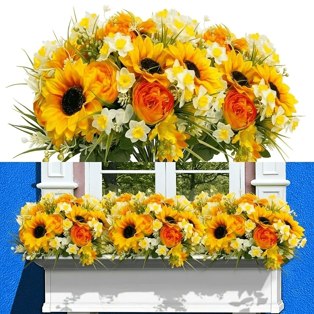 10 Bunches UV-Resistant Artificial Sunflower & Daffodil Bouquet - UV Suitable for Indoor/Outdoor Decoration, Realistic Faux Plastic Flowers with Long-Lasting Greenery for Wedding, Garden, Patio, Spring Summer DIY (No Maintenance)