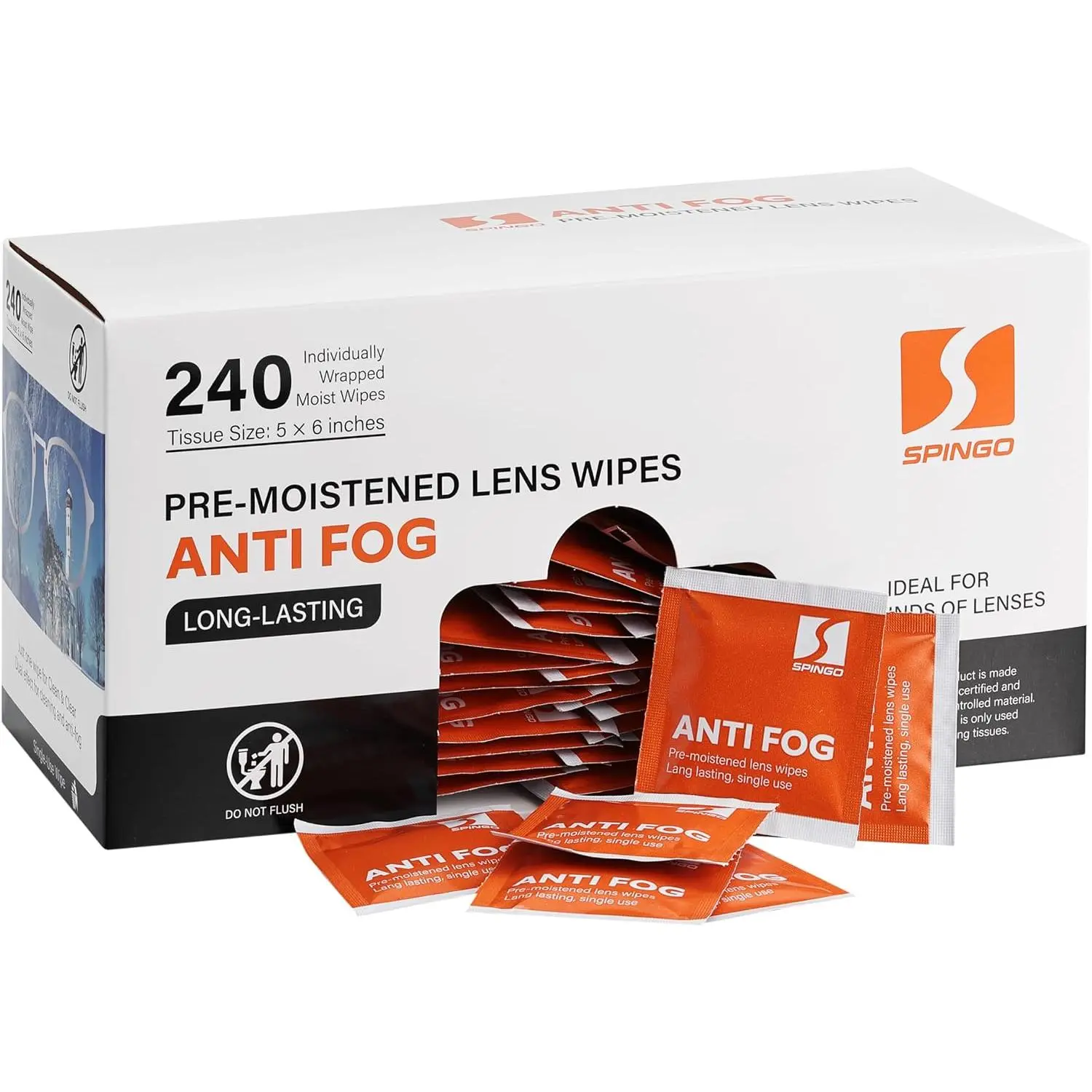 Anti Fog Wipes for Glasses, Pre-moistened Individually Wrapped Lens Wipes for Eyeglasses, Sunglasses, SKI Goggles,  Shields (240 Count)