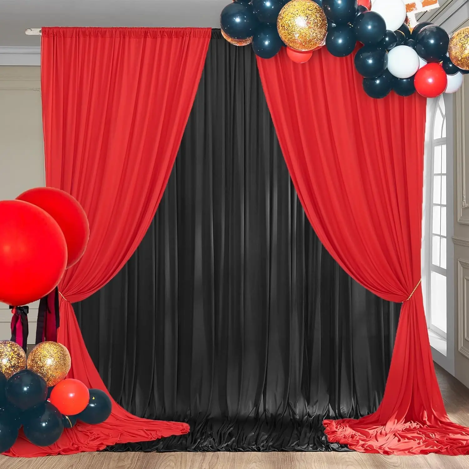 10x10ft Black Backdrop Curtains and Red Backdrop Curtains Panels, Black and Red Backdrop Drapes for Party  Decoration Supplies, 4 Panels * 2.5x10FT