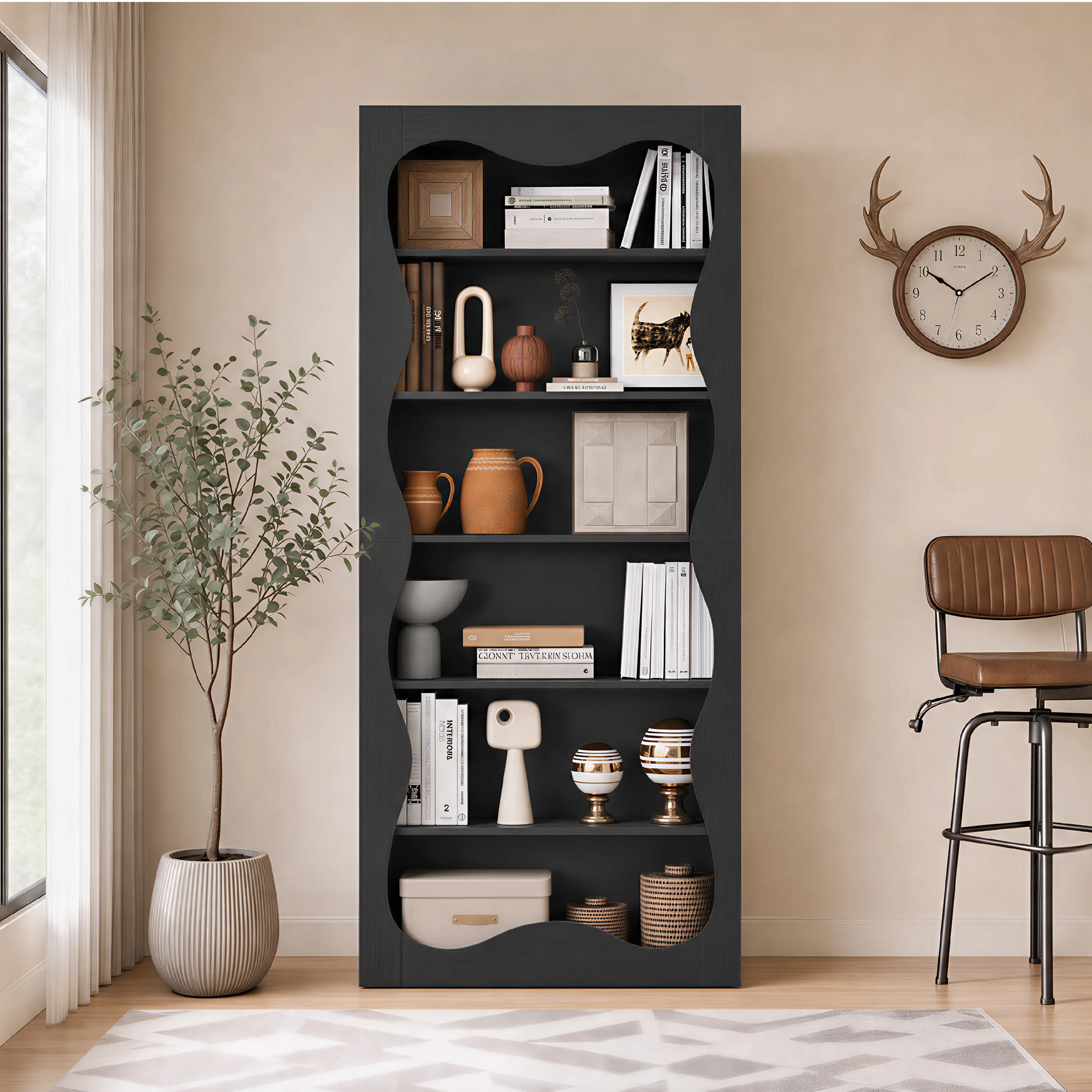 Tall 6-Tier Wood Bookshelf, Freestanding Bookcase with Wavy Scalloped Edge, Large Storage Display Shelf for Living Room Bedroom Office Library