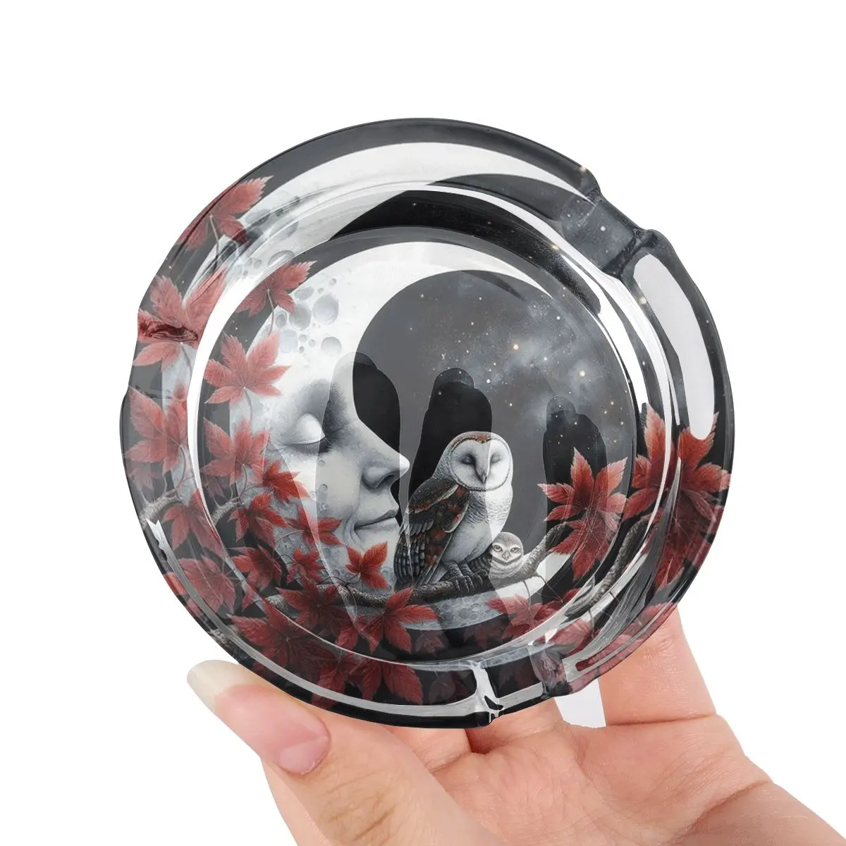 1 round glass ashtray with anti slip bottom pad, decorated with mysterious moon, owl, and fallen leaf patterns, is an ideal ashtray for home, courtyard, and bar - a fashionable and practical ashtray designed for nature and art enthusiasts