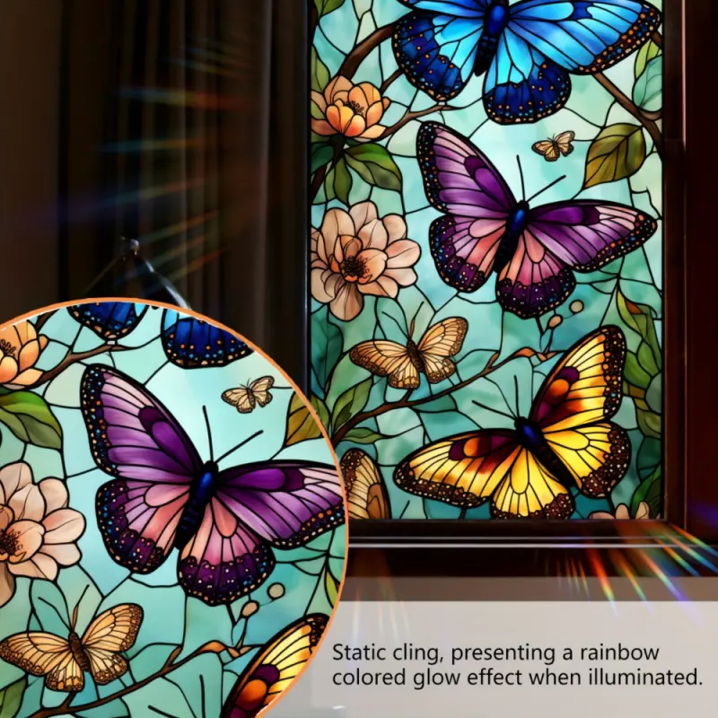 2D Flat Static Cling Butterfly And Flower Stained Glass Pattern Window Decal Ornament For Living Room And Bedroom Removable