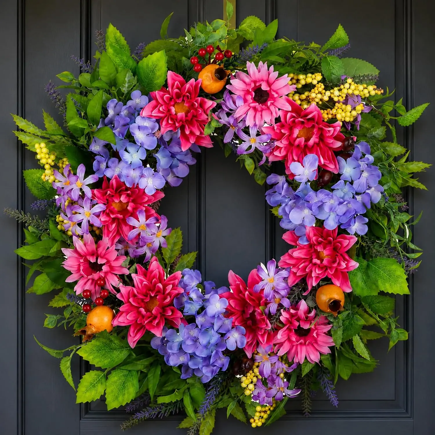 Summer Wreath for Front Door: 24 Inch Spring Wreaths for Outdoor | with Hydrangea, Lavender, Lilac, Dahlia, Gerbera, Hanger, Realistic Artificial  Holiday Decor for Wall Window Porch
