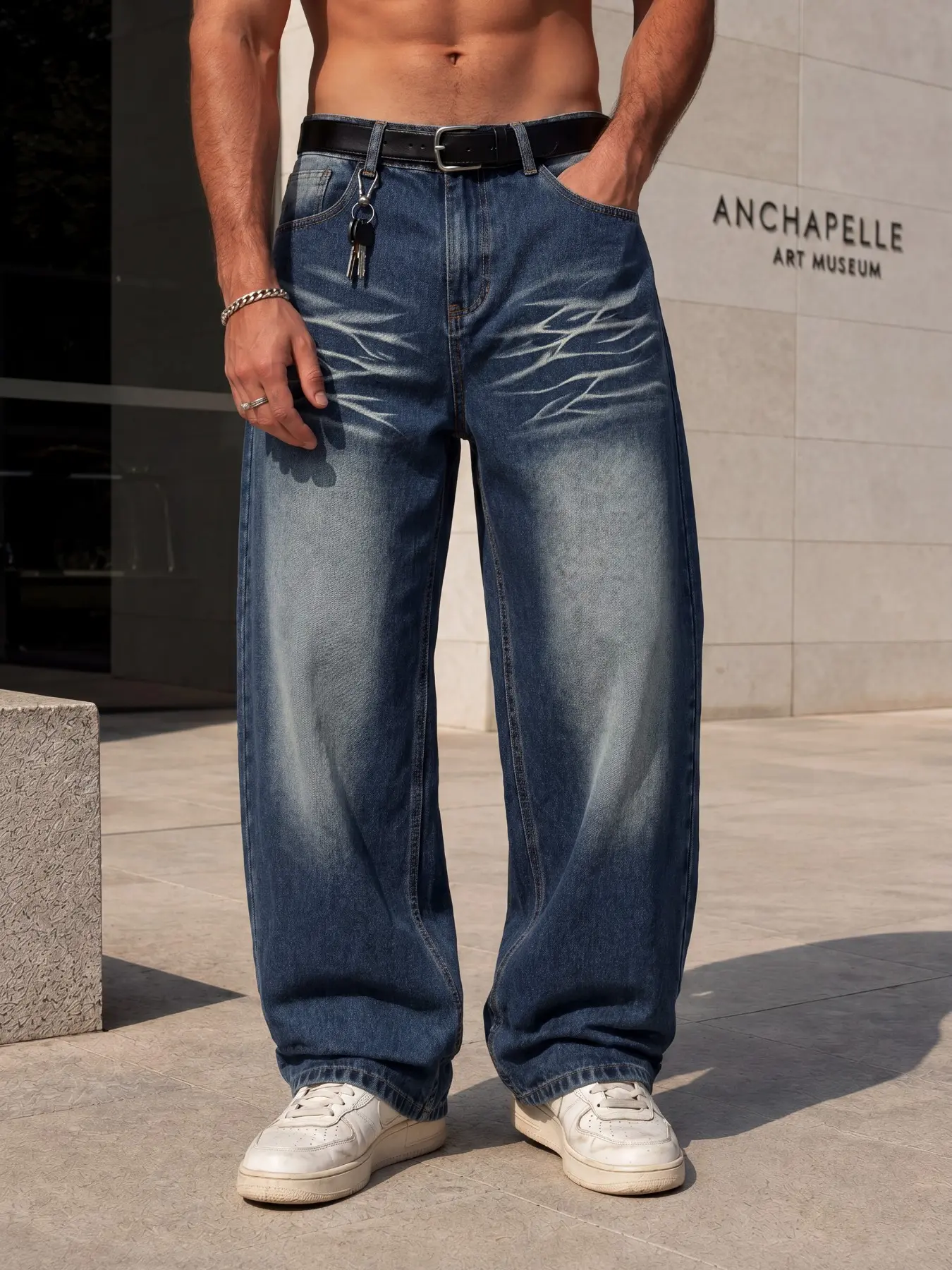 Men's Blue Washed Denim Jeans, Loose Wide-Leg Design, Vintage Distressed Texture, Flame-Inspired Line Details, Casual Streetwear Style Pants