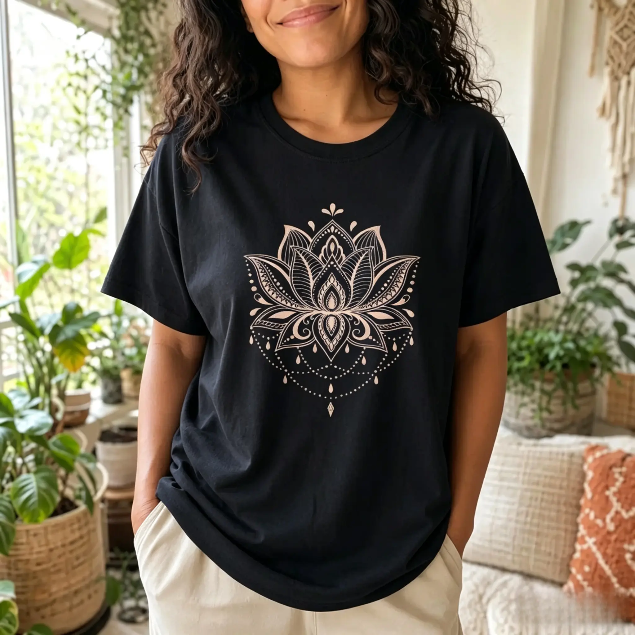 Women's Knit T-Shirt - Boho Mandala Graphic Print, Round Neck, Short-Sleeve Pullover, Combed Cotton, Soft Smooth, Loose-Fit, Medium Stretch Spiritual Casual Top