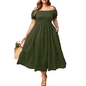 Pinup Fashion Plus Size Summer Dresses - Off Shoulder Casual Graduation Long Sun Dress with Pockets  SwimWeek  summervibes