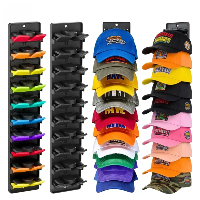 【DealsForYouDays】Hat Organizer Wall Mount 2 Pack Baseball Cap Organizer with Built-in Spring Clips Holds Up to 20 Hats Adjustable Hat Rack Strong Adhesive & Screws for Closet Door Bedroom Display, Black & Multi-color Optional summerwins