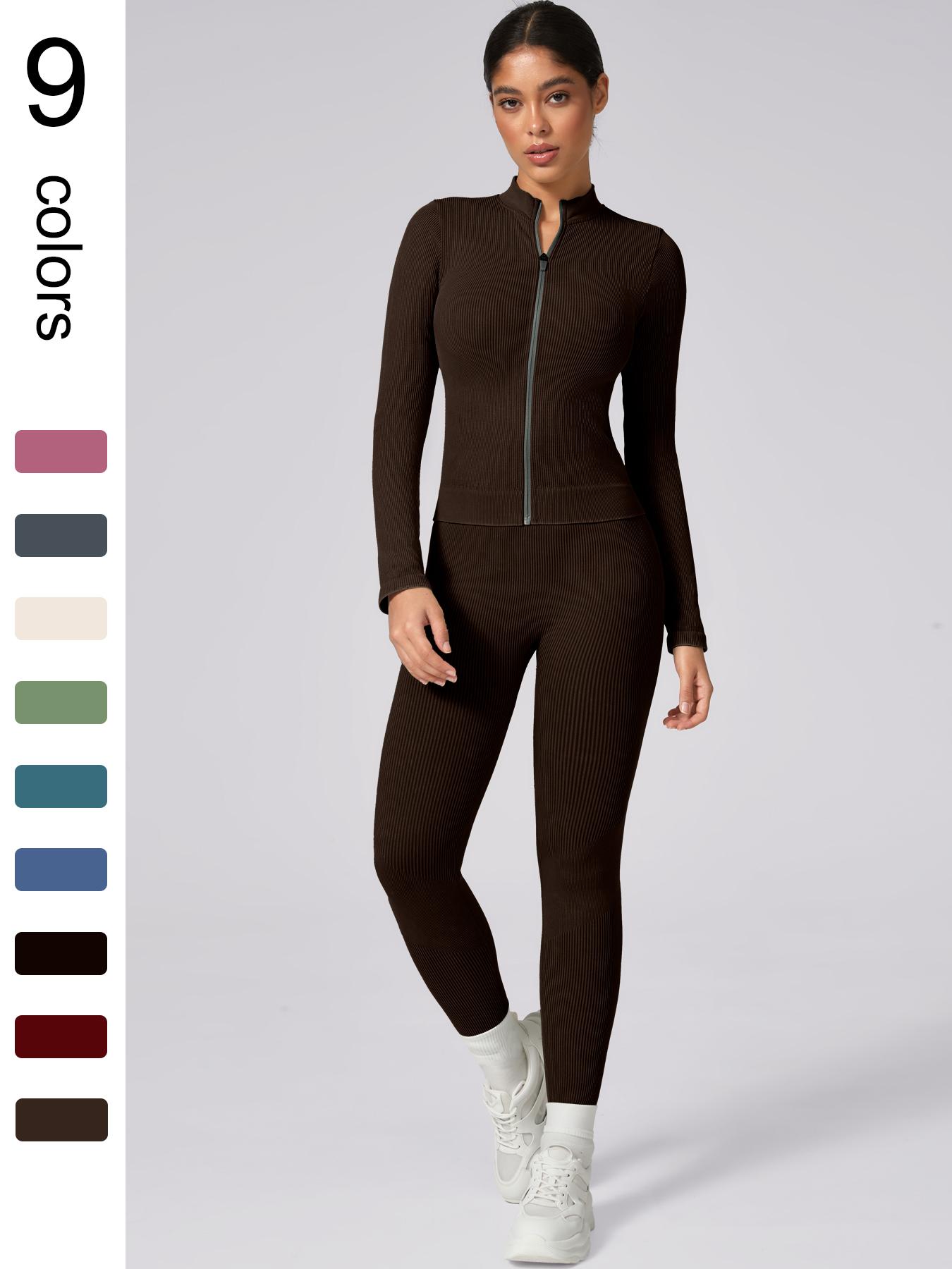 Women's Plain Tracksuit Set, Sports Zip Up Crop Jacket & High Waist Leggings, Ladies Spring & Fall Clothes, Gym Wear, Yoga Suit Outdoor