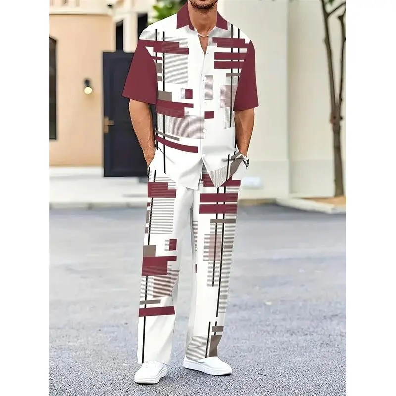 Autumn Geometric Color Block Printed Short-sleeved Set, 2pcs Daily Casual And Loose Men's Shirt Set, Casual And Fashionable