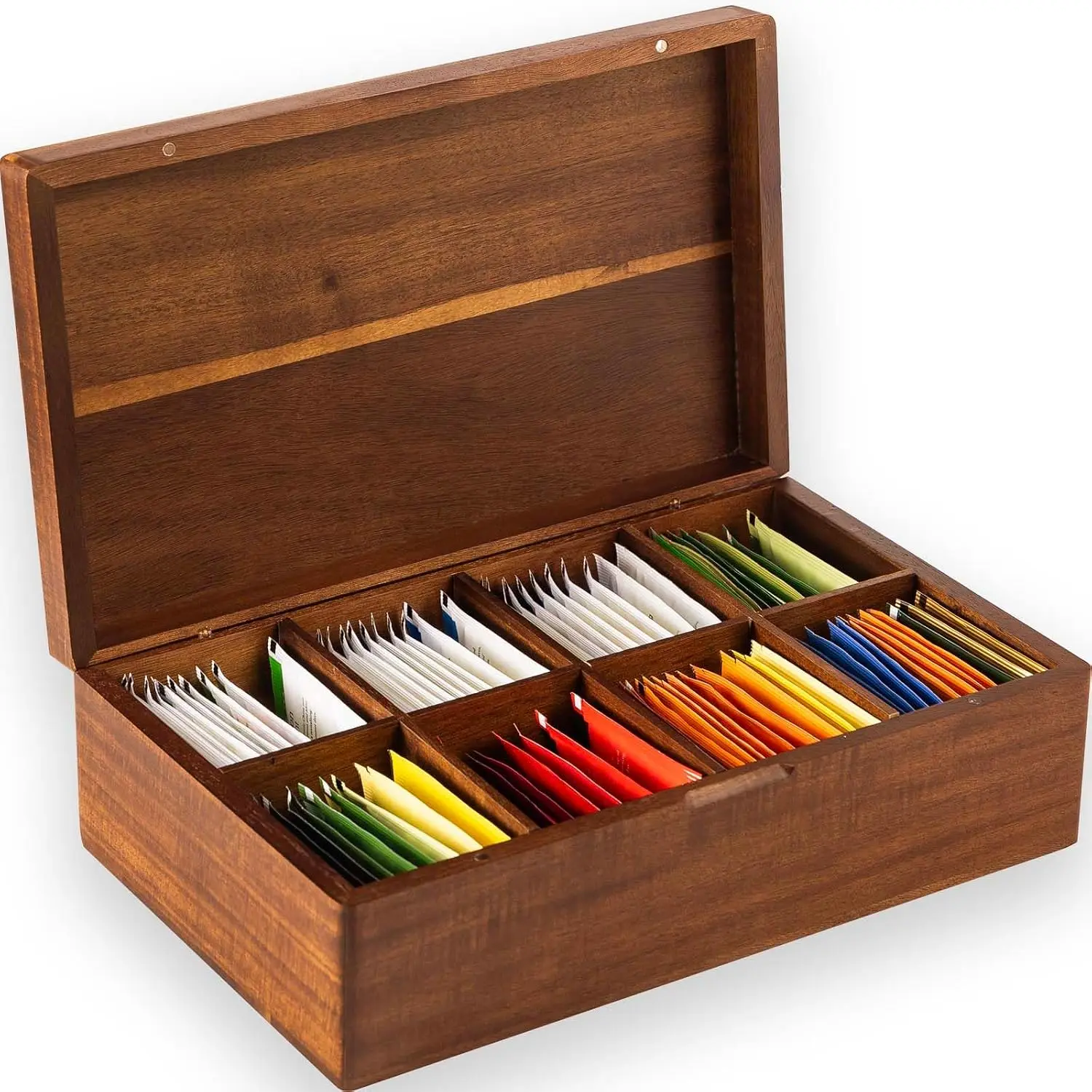 Acacia Wooden Tea Bag Organizers, Tea packet Storage Boxes, Tea Caddy for Tea Bags Chest, Teabag Holder Containers, Teabox Station Display, Organizador De Tes Caja Para Te, 8 Compartments