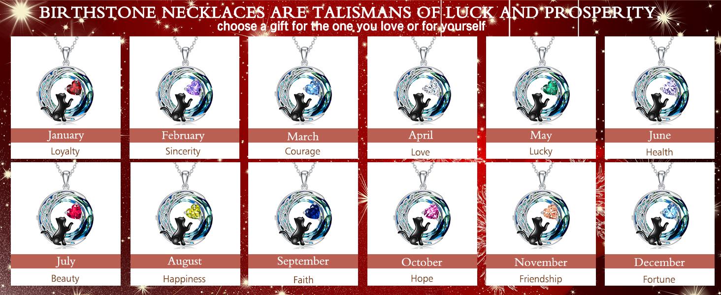 S925 Sterling Silver Celtic Gifts Cat Moon Birthstone Necklace with Round Crystal Jewelry Birthday  Christmas Gifts for Women Friend Mom b0