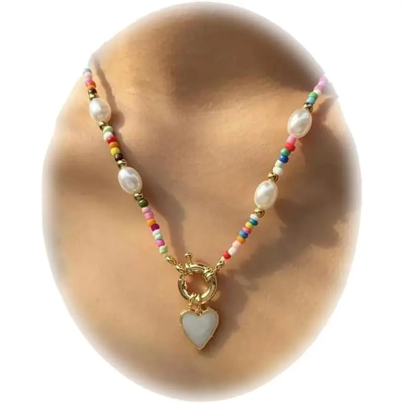 Colorful Beaded Heart Pendant Necklace for Women Boho  Bead Choker Necklace   Beaded Necklace   Trend Flower Clavicle Necklaces