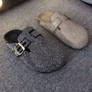 Full Rhinestone Covered Clog Mules For Women Adjustable Metal Buckle Slip On Cork Sole Flat Slides Casual Outdoor Daily Walking Sandals