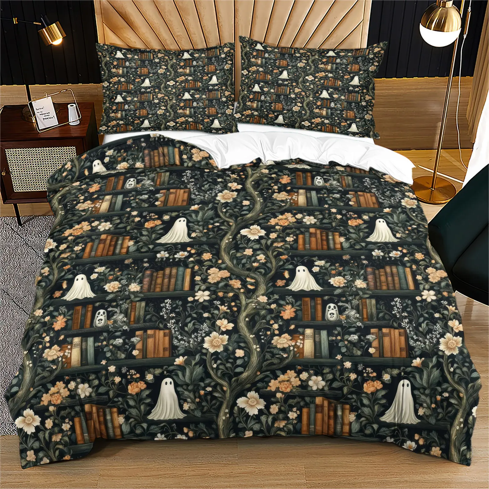 Dark Library Floral Ghost Print Duvet Cover Set, bed covers, Bedding Set, Soft Breathable Digital Halloween Bedding, Zipper & Corner Ties, Machine Washable, Includes 1/2 Pillowcases - without Core, Gothic Spooky Bookish Bedroom Decor Gift