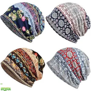 Unisex Boho Print Slouchy Beanie Hat, Double Layer Close Top Bohemian Floral Paisley Skull Cap, Soft Breathable Stretchy Cotton Blend Fabric, One Size Fits Most, Ideal for Chemo Headwear, Daily Wear, Running, Travel and All Season Use,Summervibes
