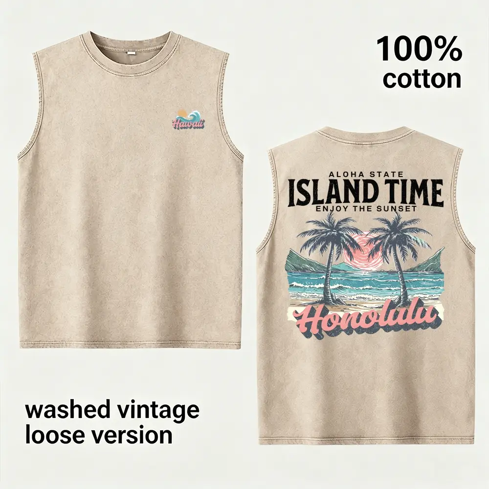 Vintage Washed Hawaii Honolulu Graphic Tank Top | Men's Loose Fit 100% Cotton Muscle Shirt Retro Surf Beach Cruise Streetwear Beige