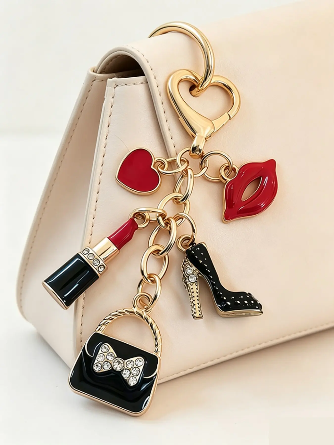 Alloy Keychain with Lipstick, High Heels, and Bag Charm, Cute Sweet Alloy Pendant, Makeup Theme Enamel Keychain, Heart, Lips, Bag Charm, Girly Keychain, Heart Keychains