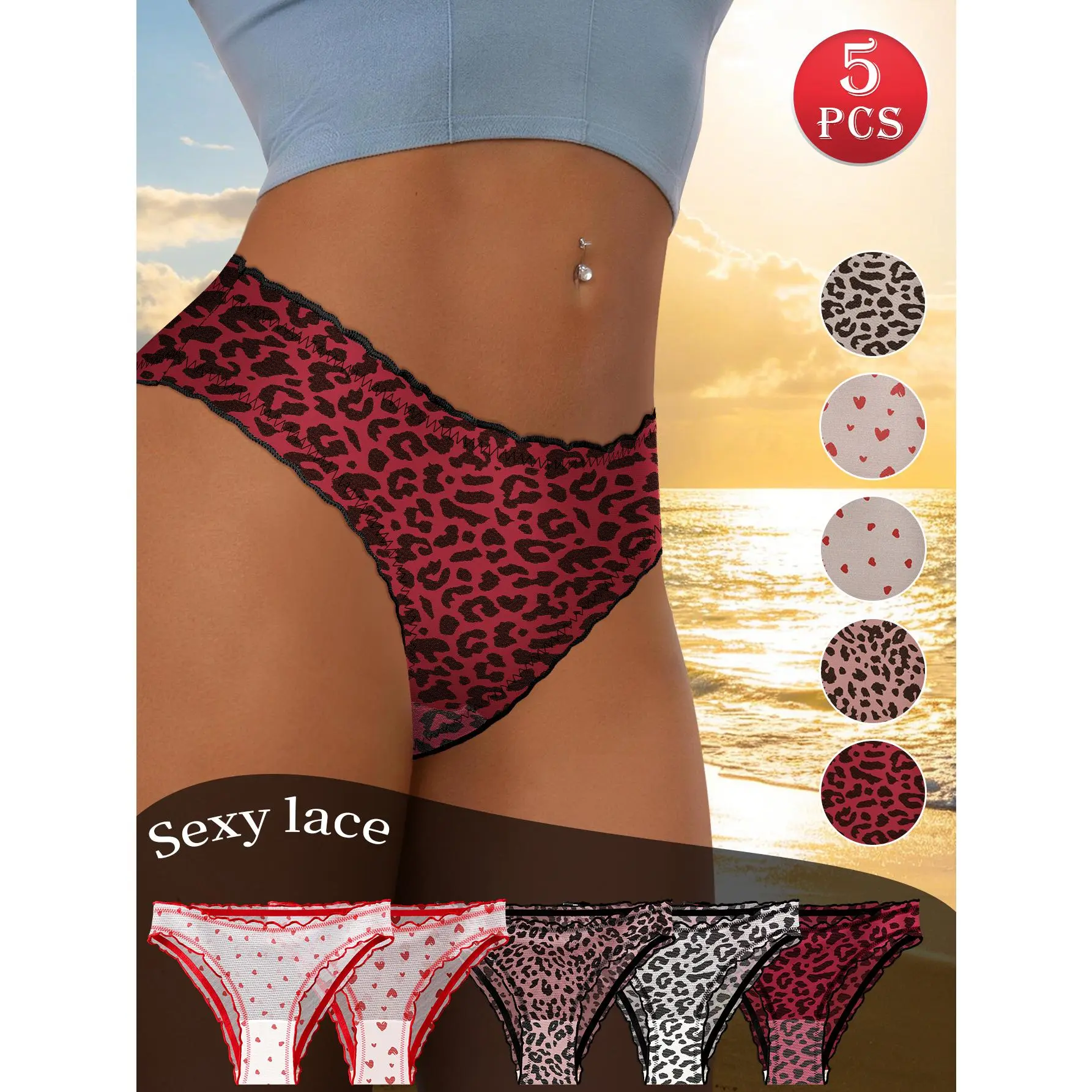 QUASTI Women'S 5-Pack Mid Rise Leopard Mesh Lace Bikini Panties, Sheer Breathable Soft Stretch Multicolor Daily Briefs, Summer Cool Essential For Vacation S-XXL