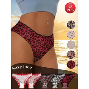 QUASTI Women'S 5-Pack Mid Rise Leopard Mesh Lace Bikini Panties, Sheer Breathable Soft Stretch Multicolor Daily Briefs, Summer Cool Essential For Vacation S-XXL