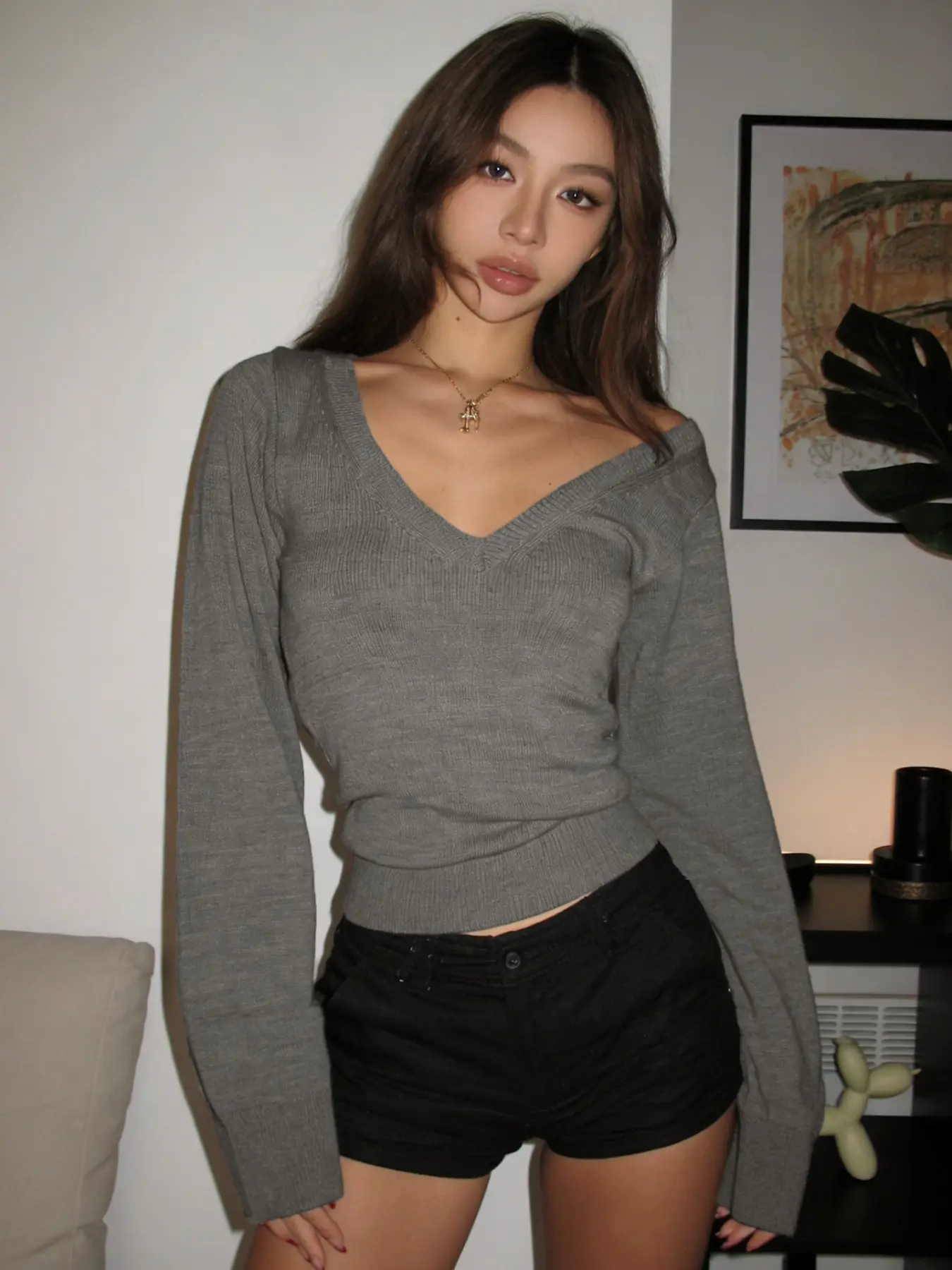 Fashion Fall Winter Vintage V Neck Knitted Sweater Women Casual College Style Lantern Sleeve Long Sleeve Slim Fit Pullover Knitwear