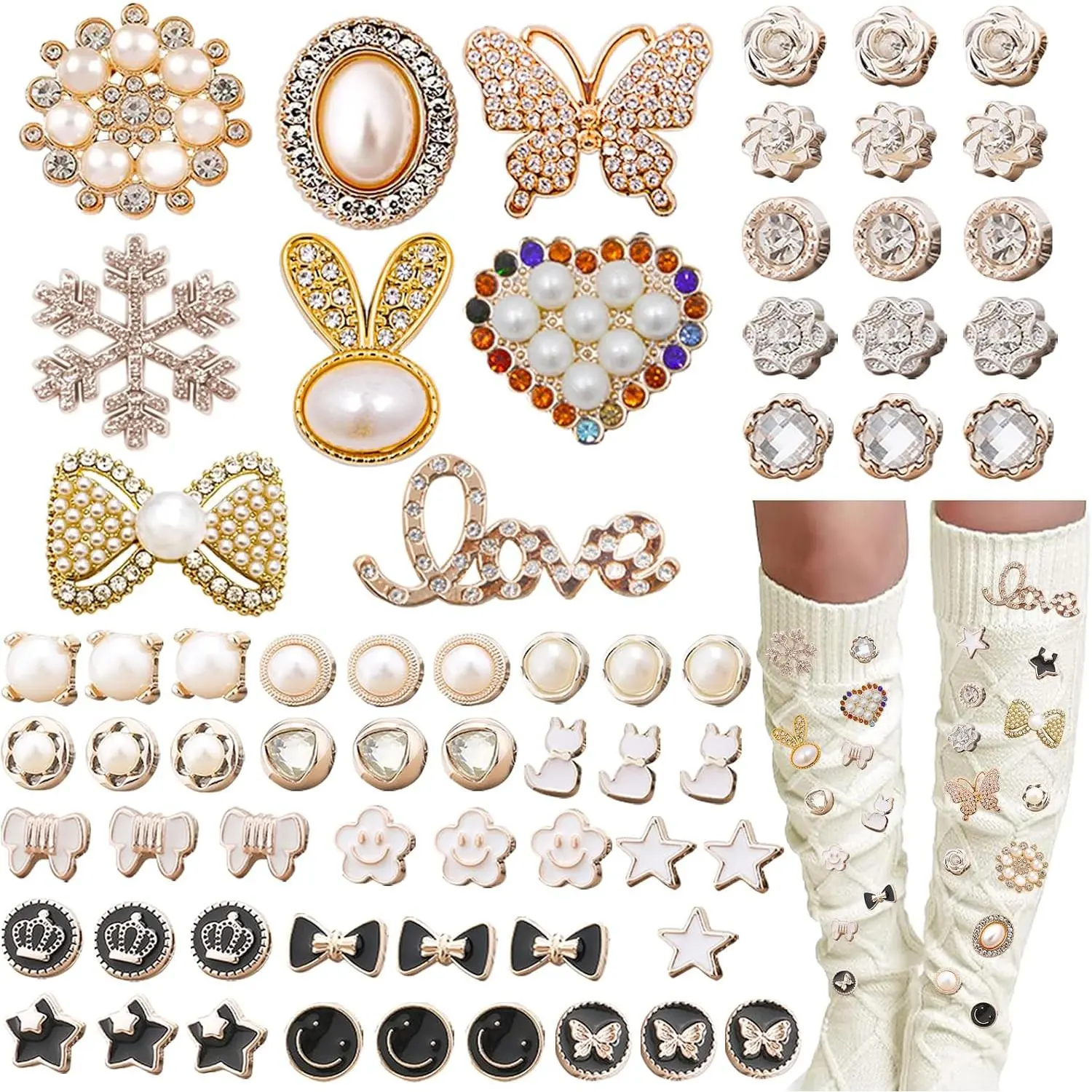 Junk Sock Charms Kit - 68 count Charms for Socks - Brooches and Pins for Women - Shoe Charms for Sneakers - Diy Decorative Safety Pin Bulk for Clothing,Shoe & Hat Pin Accessories (Button Brooch)