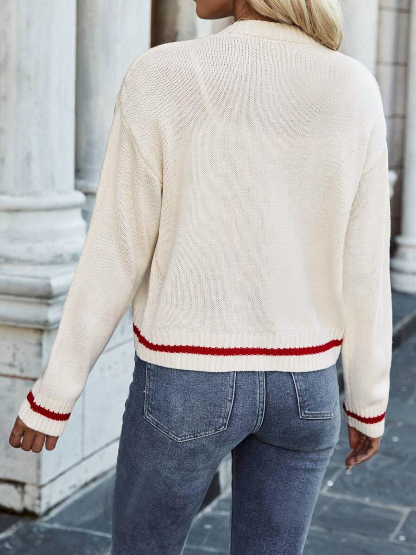 Women's Heart Print Contrast Binding Button Front Cardigan, Casual Drop Shoulder Long Sleeve Knitwear for Fall & Winter, Fashion Women's Knit Clothing for Daily Wear, Lightweight Knit Sweater