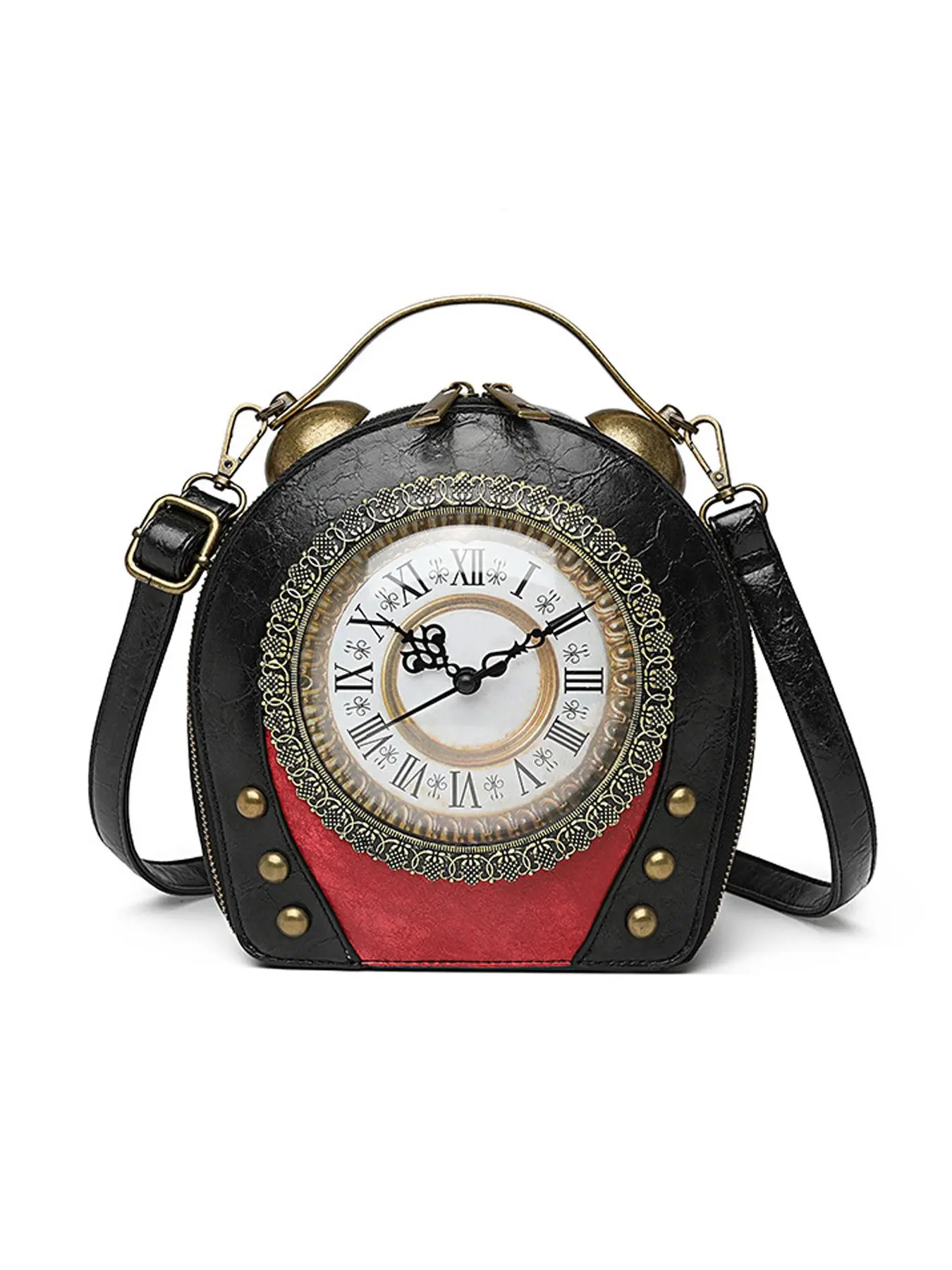 Vintage Clock Design Tote Bag, Faux Leather with Polyester Lining, Classic Retro Style Handbag, with Adjustable Strap, Zipper Closure, Edge Paint Detail, for Daily Use