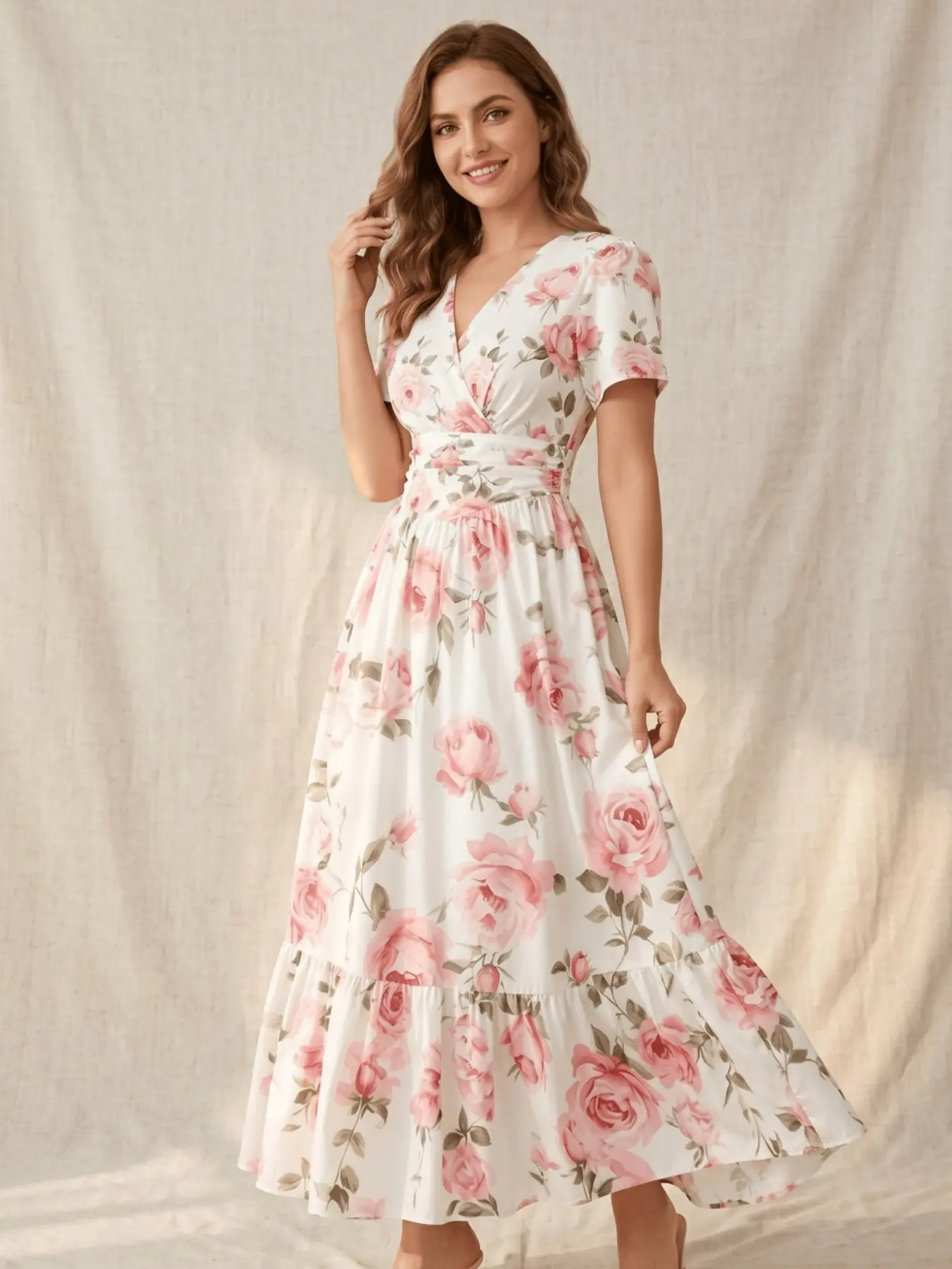Summer Floral Long Feminine Dress for Women, V Neck Short Sleeve, Elastic Waist, Casual Party Beach Wear, Elegant Chic All-Season Dress, Elegance