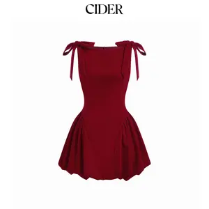 Cider Velvet Boat Neck Bowknot Bubble Hem Mini Dress SummerFinds
