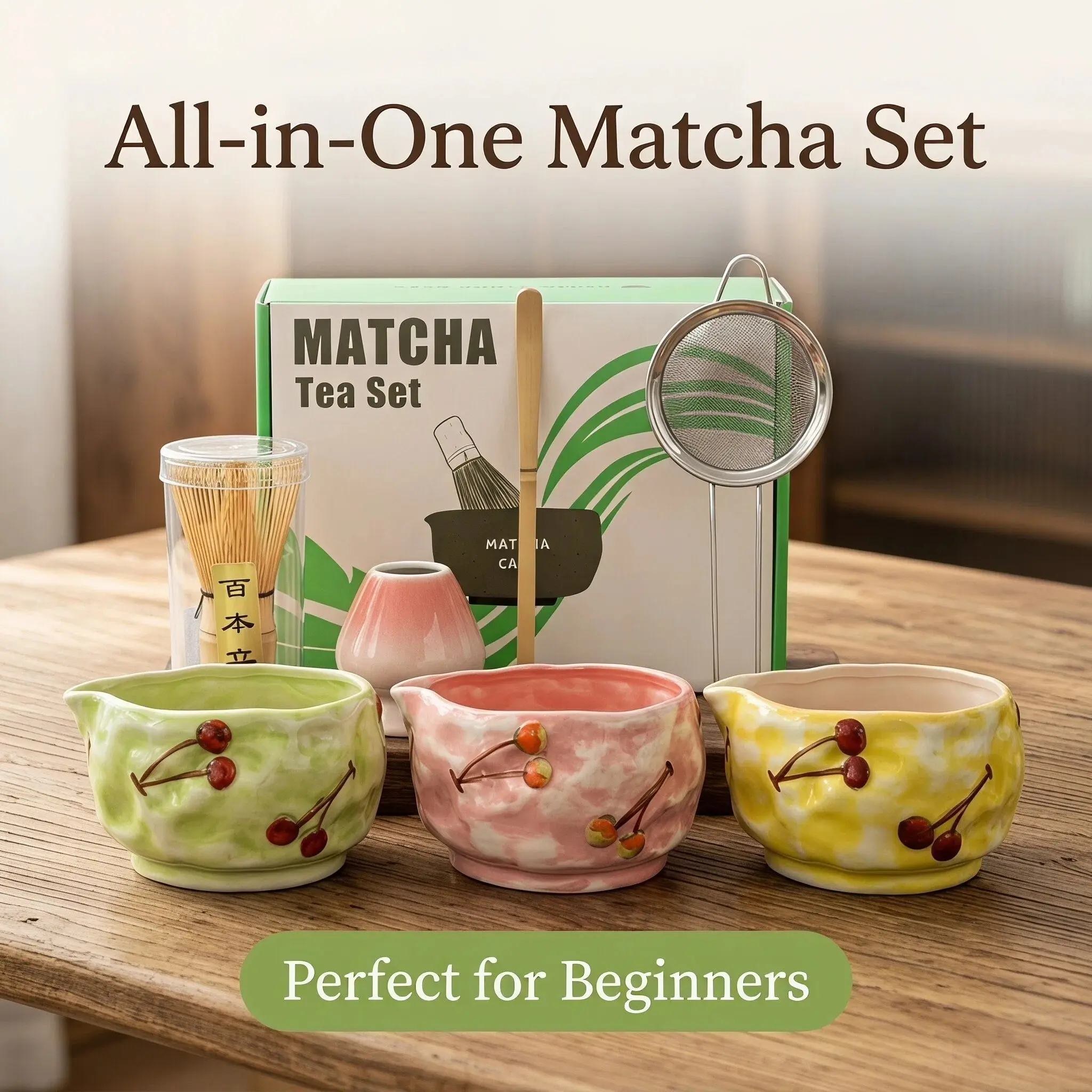 5-piece matcha tea set, matcha starter set, matcha bowl, hand-painted cherry blossom, bamboo tea whisk, ceramic matcha bowl, Japanese matcha, matcha ceremony set, matcha making set, matcha journey, ideal gift for friends