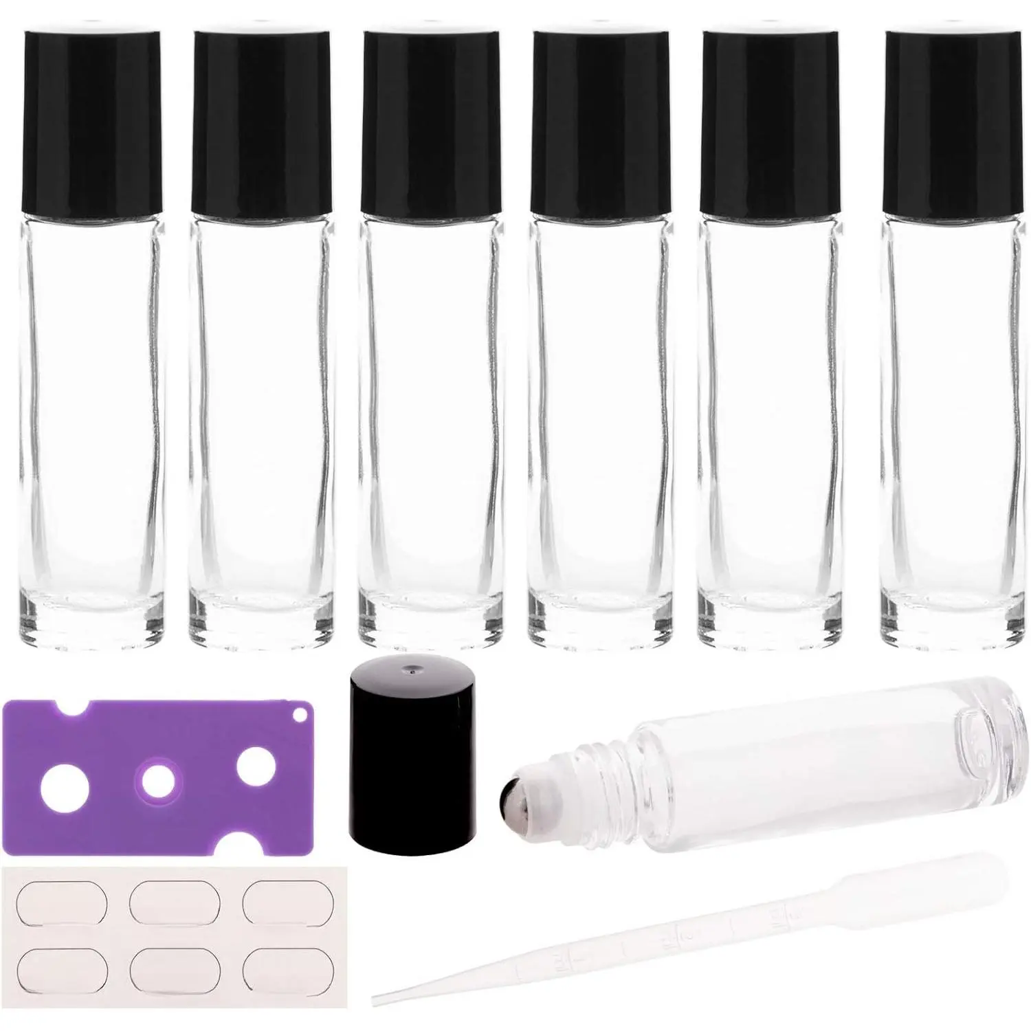 6 count 10ml Essential Oil Roller Bottles, with Stainless Steel Roller Balls, 10ml Clear Glass Roll  Bottles for Essential Oils, 1 Extra Roller Ball, 6 Labels, 1 Openers, 2 Droppers Included