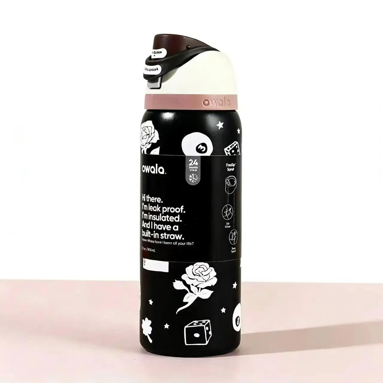 Owala 32oz FreeSip Insulated Stainless Steel Water Bottle - Stylish Retro Black & White Rose Dice Lucky Print, Leakproof BPA-Free Flask with Built-in Straw, Ideal for Sports, Travel, Daily Use Drinkware