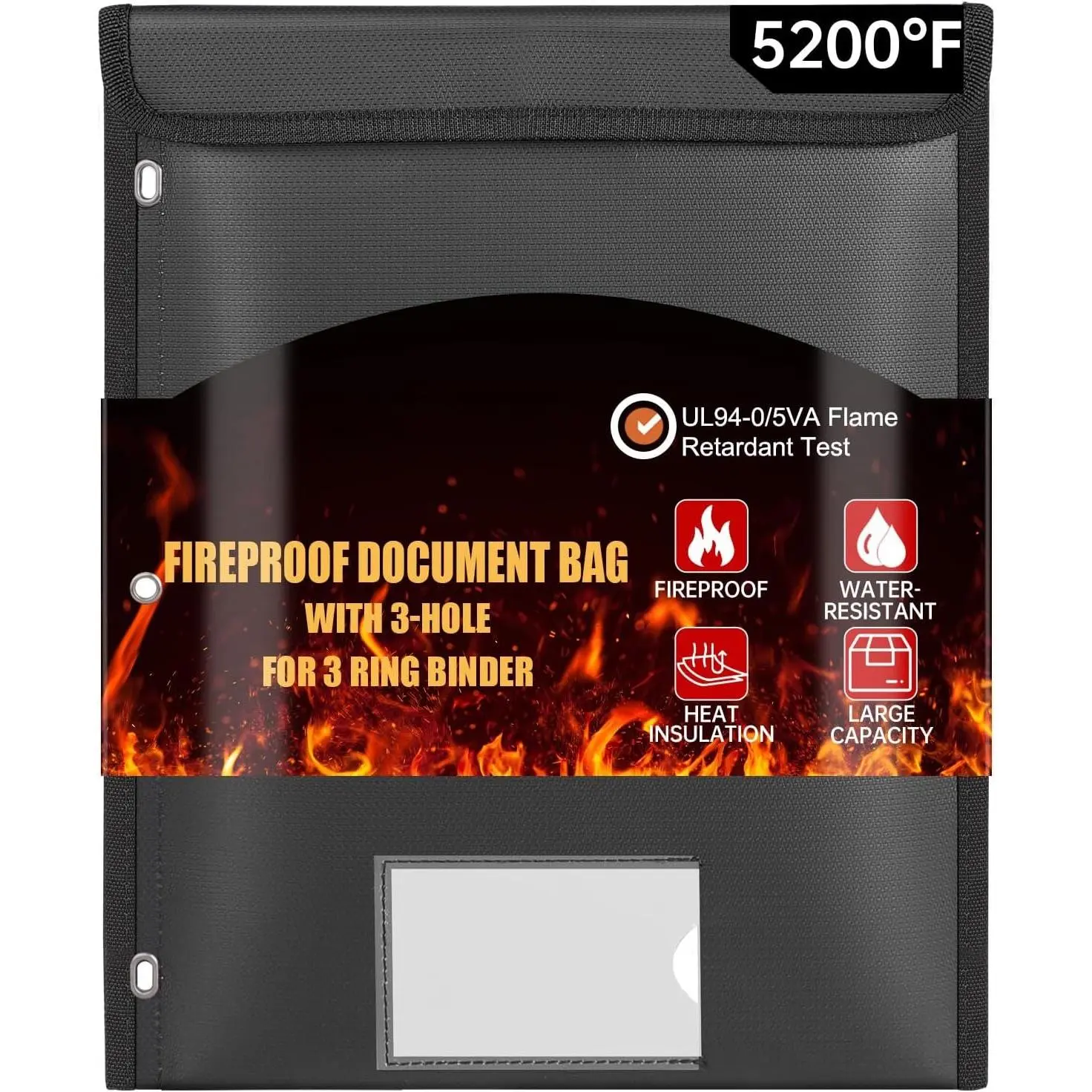 3-Hole Binder Compatible Fireproof Document Pouch, Fiberglass Coated Heat Proof Water Resistant Label Pocket, Office Binder Accessory for Letter Size Important Paper Document Safety, Black